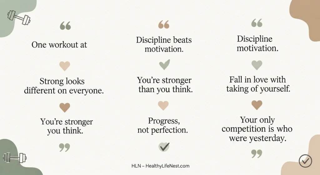 Fitness Motivation Quotes to Spark Your Workout Energy 2 “One workout at a time.”
“Discipline beats motivation.”
“Strong looks different on everyone.”
“You’re stronger than you think.”
“Fall in love with taking care of yourself.”
“Progress, not perfection.”
“Your only competition is who you were yesterday.”