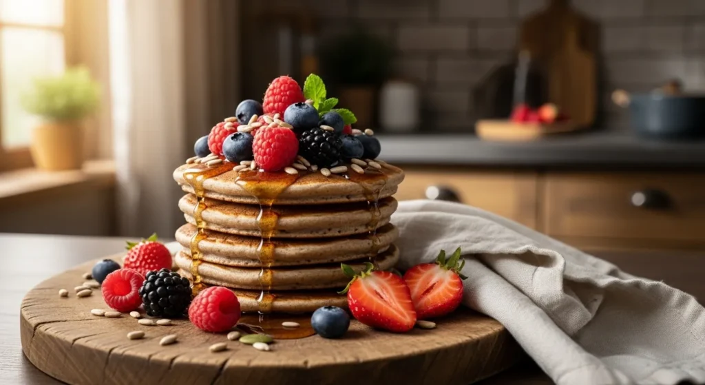High Fiber Breakfast Ideas to Start Your Day Right 8 Fluffy buckwheat pancakes topped with fresh berries and sunflower seeds make for a hearty, wholesome breakfast treat.