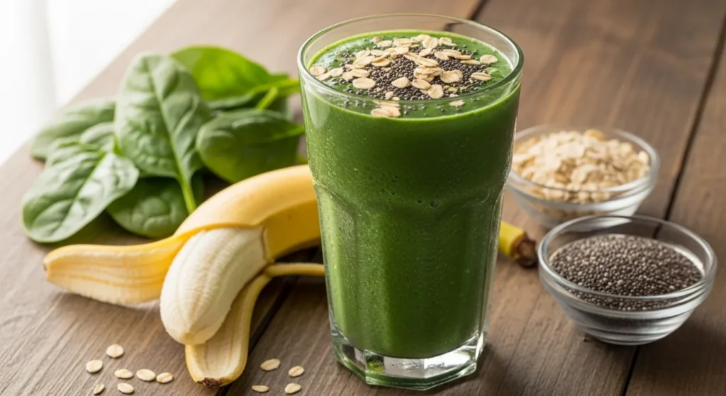 High Fiber Breakfast Ideas to Start Your Day Right 5 A blended green smoothie combines spinach, frozen banana, oats, and chia seeds for an easy on-the-go fiber boost.