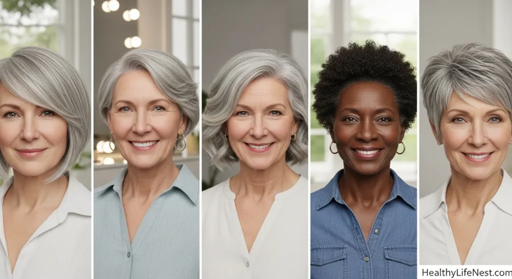 For Older Women (50+)

Graceful and Low-Maintenance

Soft bob with side-swept bangs

Natural grey with silver toner

Chin-length cut with gentle waves

Loose low bun or twist for daily ease

Textured pixie for volume at the crown