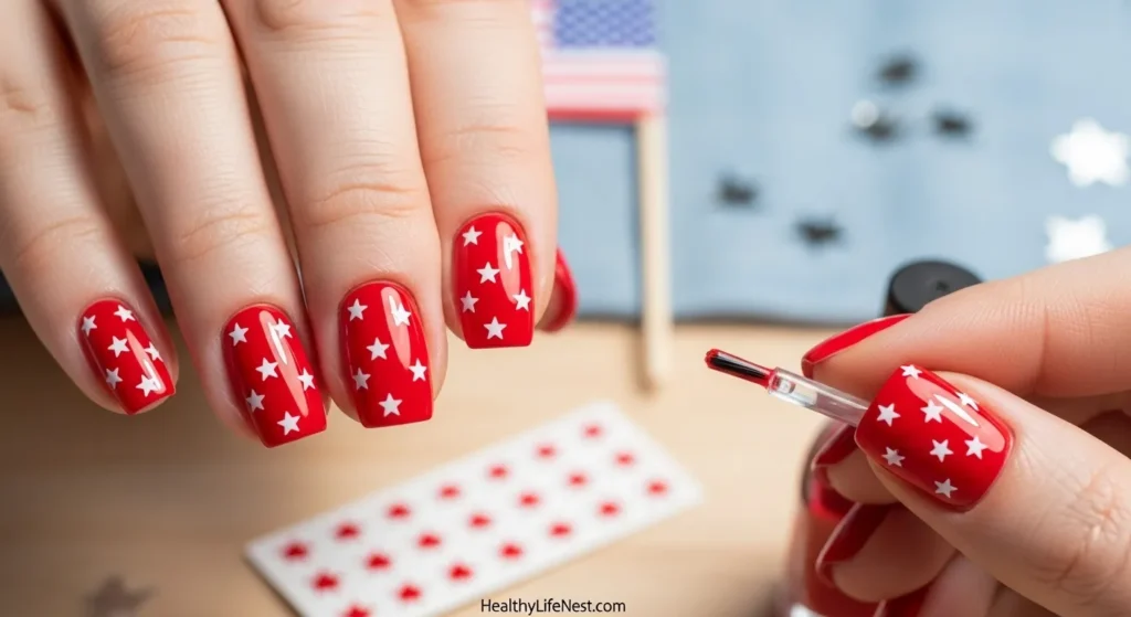 Red Nails with Tiny White Stars
Classic and bold—bright red nails with small white stars bring instant festive energy with very little effort.