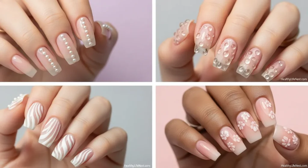Soft 3D Embellishments

Tiny pearls, gel-sculpted raindrops, and sculpted swirls create a tactile and romantic vibe—ideal for special events or editorial looks.