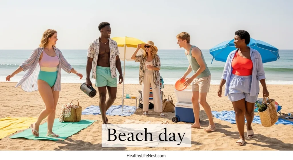 Beach day

Swimsuit with cover-up

Open shirt

Flip-flops or slides