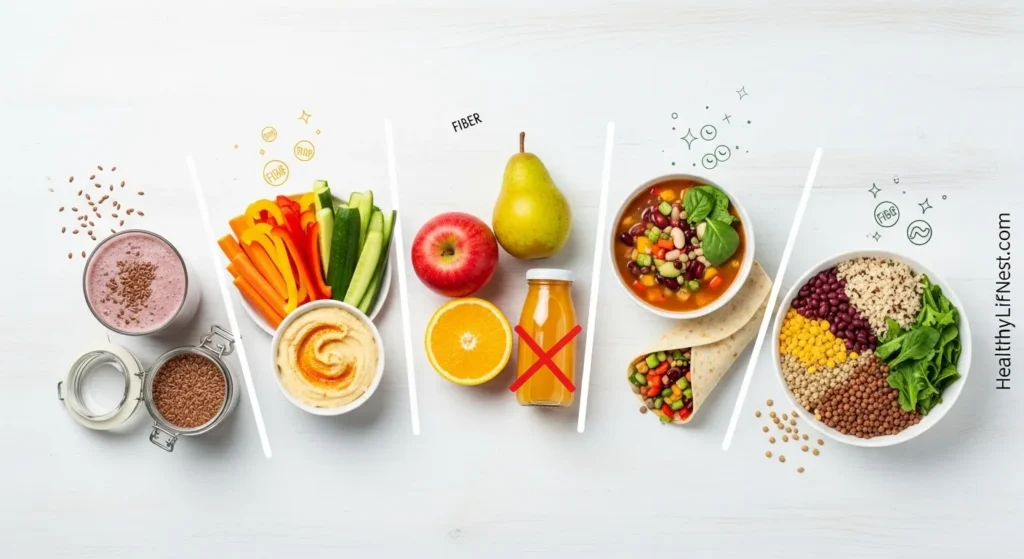 Easy ways to add more fiber

Add flaxseed to smoothies

Snack on raw vegetables with hummus

Choose whole fruits instead of juices

Mix beans into soups, salads, and wraps

Try grain bowls with brown rice, lentils, and greens