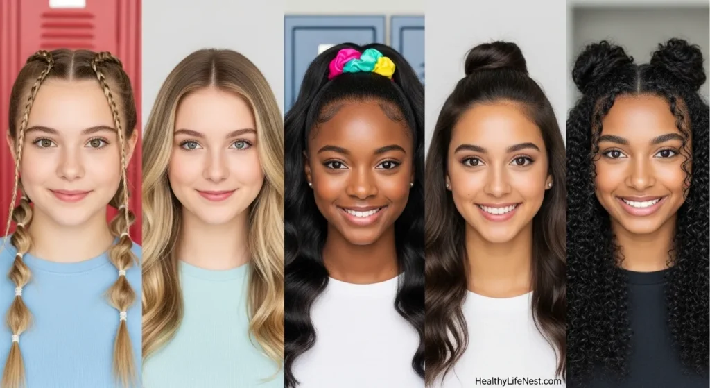 For Teenage Girls

Fun and Confident

Bubble braids or double French braids

High ponytail with ribbon or clip

Loose waves with middle part

Slick bun with gelled edges

Half-up space buns with natural texture