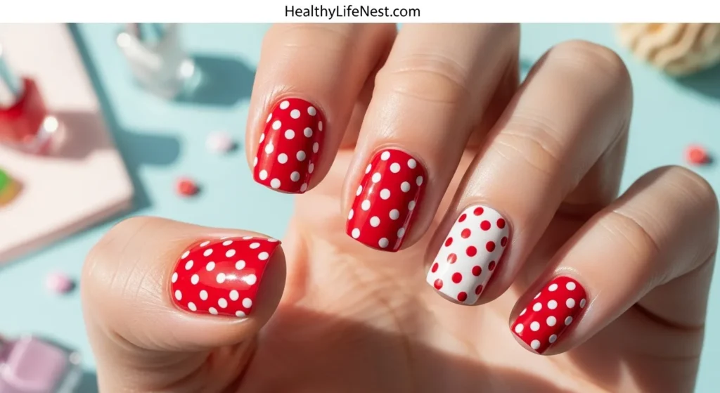 Red and White Polka Dots
Alternate red and white dots across your nails or mix up the background colors for a playful twist.
