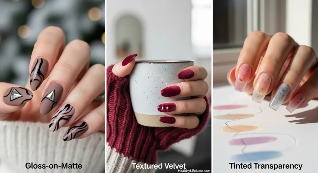 Innovative Finishes to Watch
Gloss-on-Matte: Mixing matte bases with glossy abstract shapes or lines.
Textured Velvets: Soft-touch, slightly fuzzy polishes for winter months.
Tinted Transparency: Like stained glass but softer—translucent color overlays are big.
