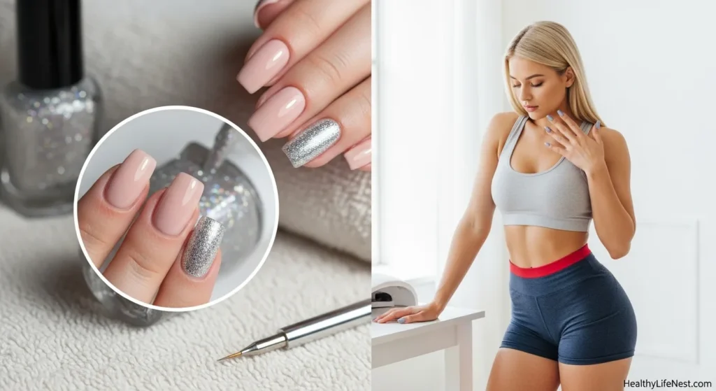 One Accent Nail with Sparkly Silver Topcoat
Paint one nail with glittery silver over a neutral base to make it stand out while keeping the rest simple.