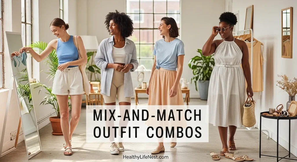 Mix-and-Match Outfit Combos

Ribbed tank + high-rise shorts + sandals

Oversized button-up + bike shorts + canvas sneakers

Soft tee + midi skirt + low-top flats

Halter dress + thin belt + straw tote