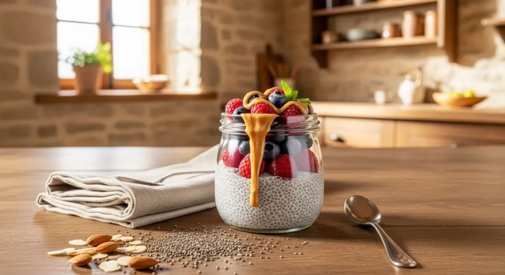 High Fiber Breakfast Ideas to Start Your Day Right 2 Creamy chia pudding layered with juicy berries and a drizzle of almond butter makes a light yet filling start to the day.