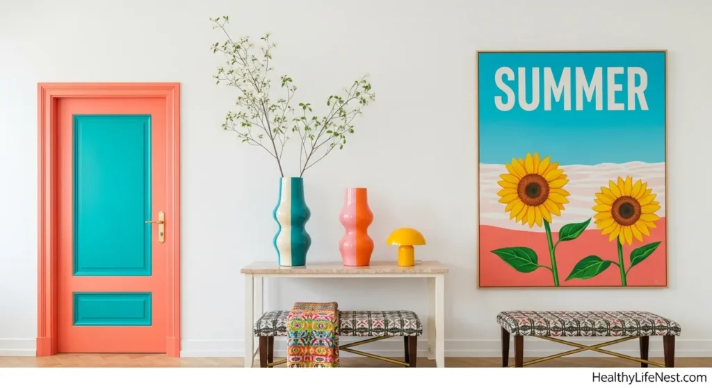 . Try Statement Decor in Small Doses

If you want to try something bold, start small.

Paint just one door or a window frame in a bold color

Hang a large summer-themed print or canvas

Use a statement vase or quirky sculpture on a table

These little statements can make the space feel new without going overboard.