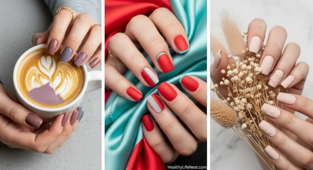 2025 Nail Color Palette
Mocha Mauve
Slate Lavender
Chili Brick Red
Muted Aqua
Petal Beige
These shades balance boldness with softness, making them versatile for both casual and formal styles.