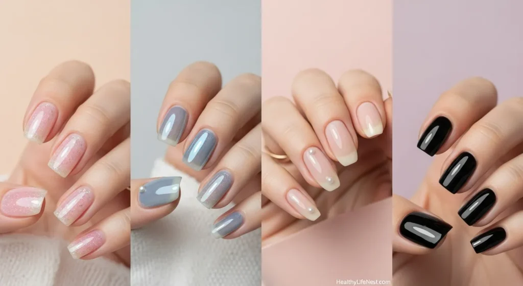 Glass Gloss Nails
Ultra-clear, jelly-like nails with a sheer glossy tint are dominating runways and salons. Think clean, soft pinks, clear blues, and even icy gray with a “just buffed” glow.