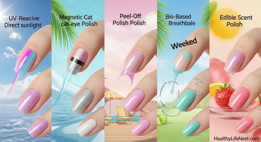 Create a 16:9 high-resolution image featuring five adjacent subimages placed edge-to-edge, without gaps, borders, or padding — not even at the top or bottom. Each subimage should display only a magnified view of fingernails, artistically and clearly painted with a different innovative summer 2025 nail polish trend. No faces or hands shown — just the nails, filling most of the frame, with detailed texture and vivid polish effects. Backgrounds should be minimal but modern, matching each nail's aesthetic (e.g., glossy, pastel, or abstract surfaces).

Show the following:

UV-reactive polish – a nail mid-transition between indoor and sunlit color

Magnetic cat-eye polish – rich shimmer with a glowing magnetic line

Peel-off polish – one nail with polish halfway peeled off, clean edge visible

Bio-based breathable polish – eco-style finish with light, fresh, translucent look

Edible scent polish – playful glossy nails with soft hints of fruit tones in polish only

Add “HealthyLifeNest.com” subtly in the bottom right corner of any one subimage, small enough not to distract but still visible.

Important: Make each nail effect feel fresh, exciting, and Pinterest-worthy — something that instantly grabs attention and delivers visual value and trend insight.