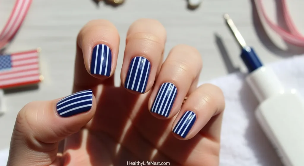 Blue Base with White Stripes
A flag-inspired look using a navy or royal blue base and thin horizontal or vertical white lines.