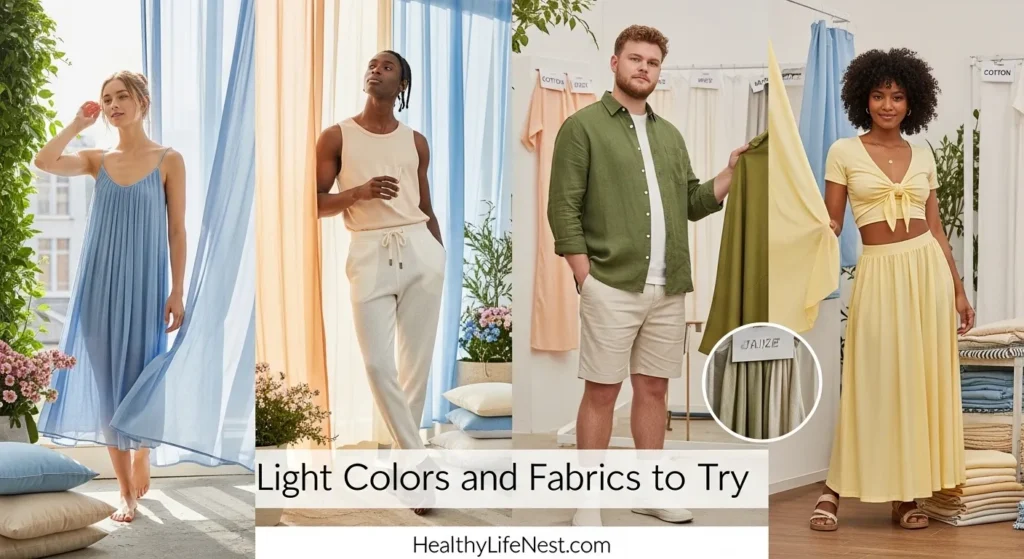 Light Colors and Fabrics to Try

Colors

Sky blue

Pale peach

Cream white

Olive green

Soft lemon

Fabrics

Cotton

Linen

Gauze

Jersey knit

image 7