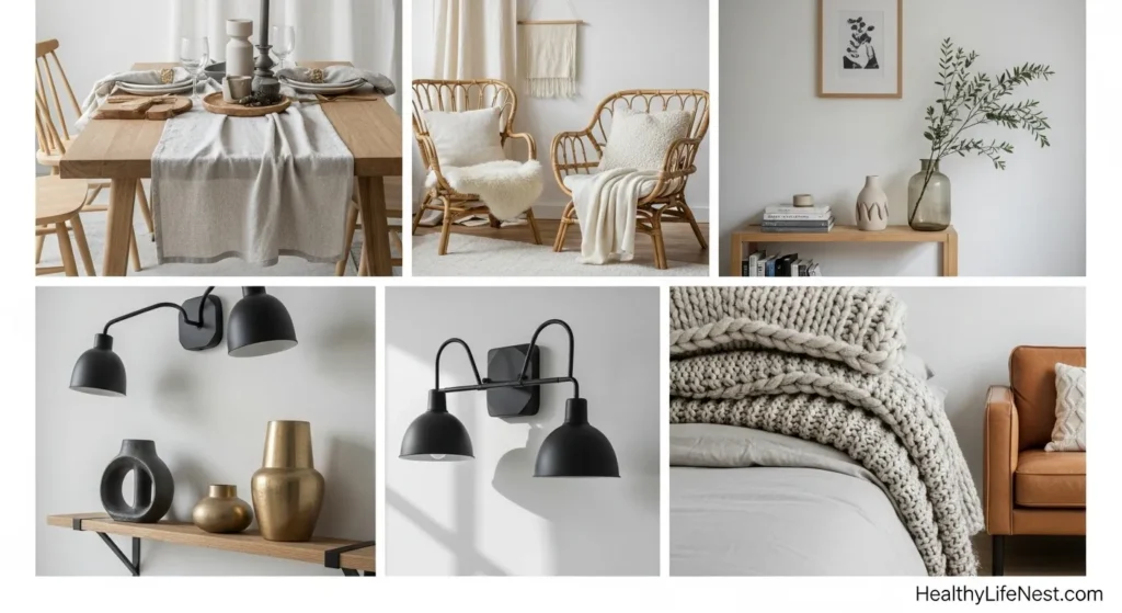 Mix Textures for Depth

Flat spaces feel boring. Layering textures brings comfort and personality.

• Try pairing wood with linen or rattan with soft wool
• Mix metals like matte black and brushed gold
• Use chunky knit throws over smooth bedding or leather chairs

Texture doesn’t have to be loud to be interesting.