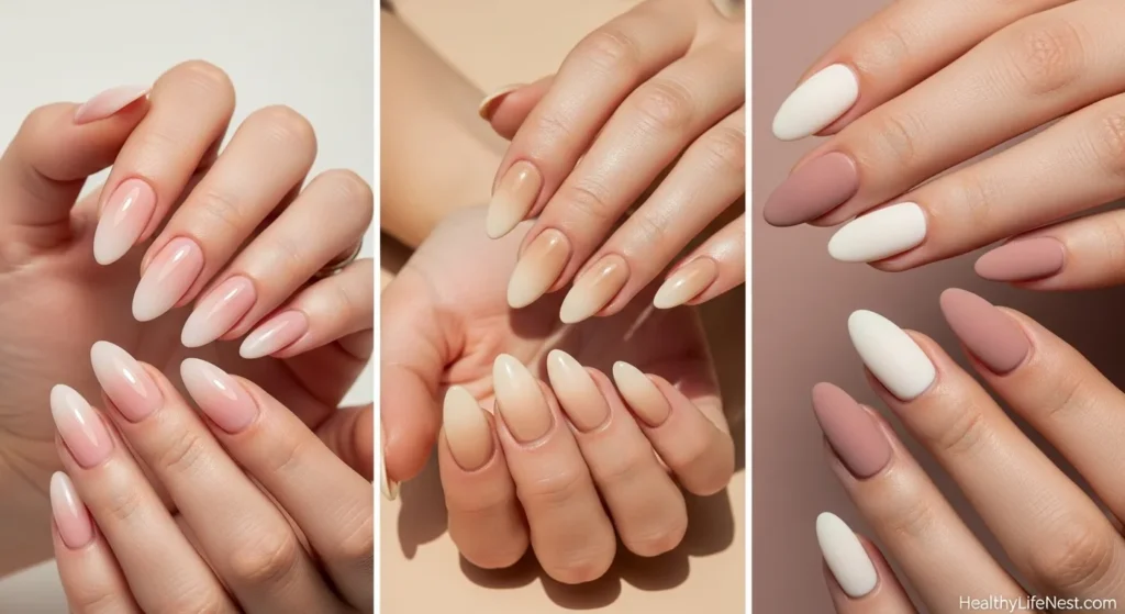 5. Tonal Ombre Blends
Almond nails in smooth ombré from nude to blush or sand to beige offer a subtle fade that suits every outfit.