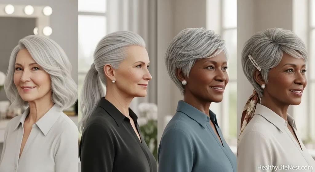 Elegant Yet Modern

Shoulder-length lob with soft layers

Sleek silver ponytail with deep part

Short feathered cut for lift and shape

Hair scarf or barrette for a refined finish