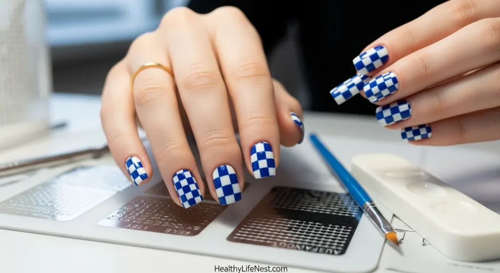 Blue and White Checkerboard
Geometric and eye-catching, this pattern gives your nails a graphic edge. Alternate the colors on each nail or keep them uniform for a sleek look.