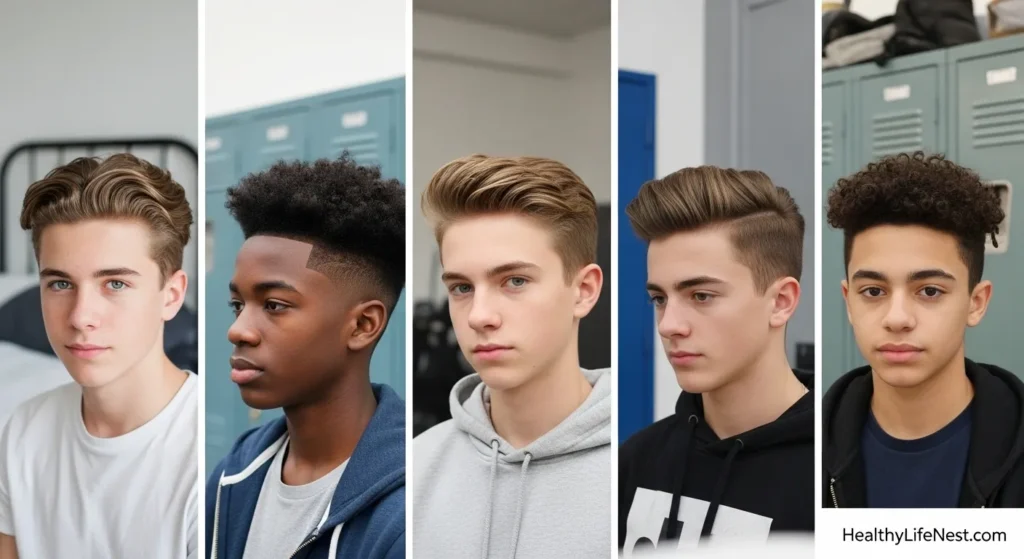 For Teenage Boys

Cool and Practical

Short taper with wavy top

Low fade with curls

Side-swept fringe with volume

Cropped textured top

Messy look with dry matte clay