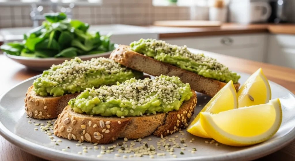 High Fiber Breakfast Ideas to Start Your Day Right 4 Crunchy whole grain toast spread with creamy avocado and sprinkled with hemp seeds delivers a quick, balanced breakfast.