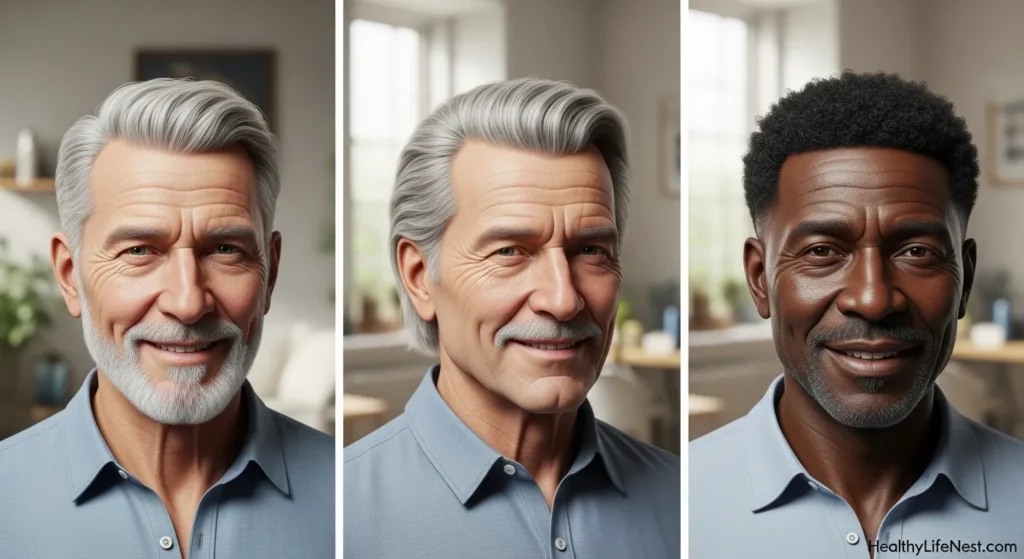 Create a high-quality, photorealistic 3D-style image in 16:9 ratio (1920x1080 pixels) with 3 seamlessly connected subimages, placed edge-to-edge with no gaps, padding, or borders. Each subimage should feature a different older man (50+), shown from shoulders upward with a clear, magnified view of the face and hairstyle.

Include 2 white men and 1 Black man with natural, confident expressions, dressed in age-appropriate casual clothing (e.g. button-ups, polo shirts). Backgrounds should be softly blurred indoor or lifestyle settings—like a sunny living room, home office, or grooming space.

Hairstyles to depict:

Salt-and-pepper fade

Brushed-back long top with faded sides

Close-cropped curls with clean edges

Add “HealthyLifeNest.com” subtly in the bottom right corner of one subimage.
Do not use overlay text, subheadings, or image borders.
Make sure each man looks naturally styled and represents Pinterest-targeted European/American audiences.