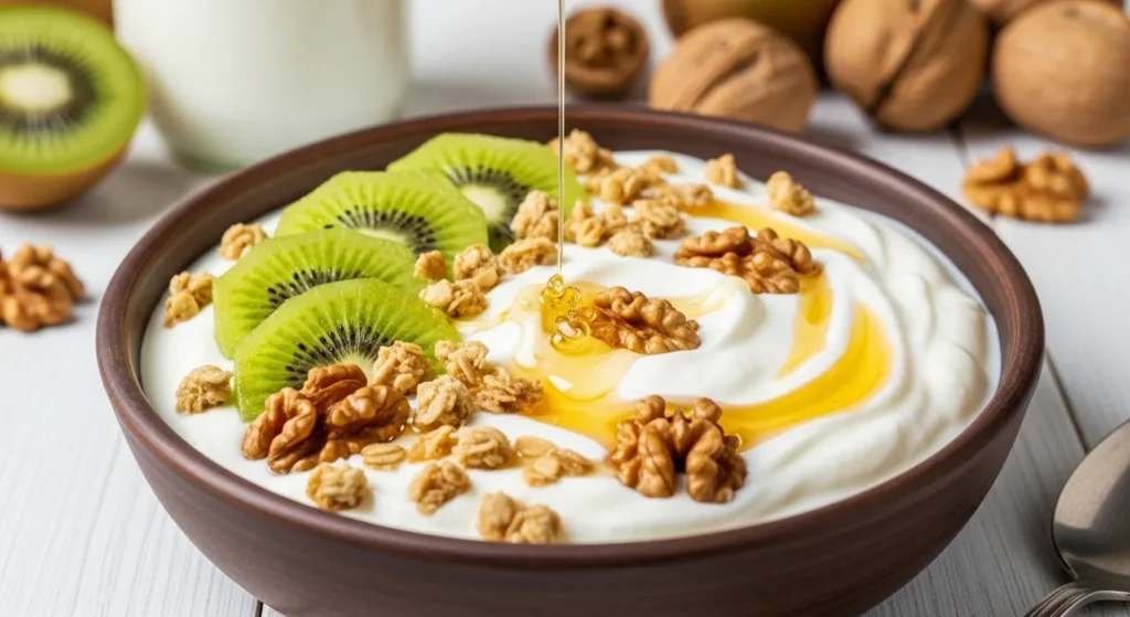 High Fiber Breakfast Ideas to Start Your Day Right 6 Thick Greek yogurt layered with tangy kiwi, crunchy granola, and walnuts packs both fiber and protein.