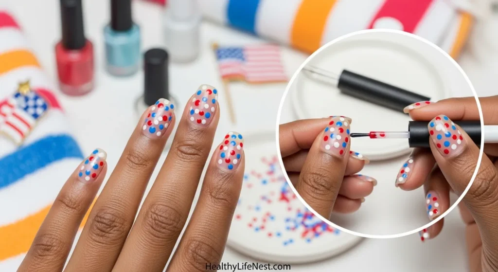 Confetti Dots in Patriotic Shades
Red, white, and blue dots scattered across a nude or clear base. Lighthearted and fun, this design feels playful without trying too hard.