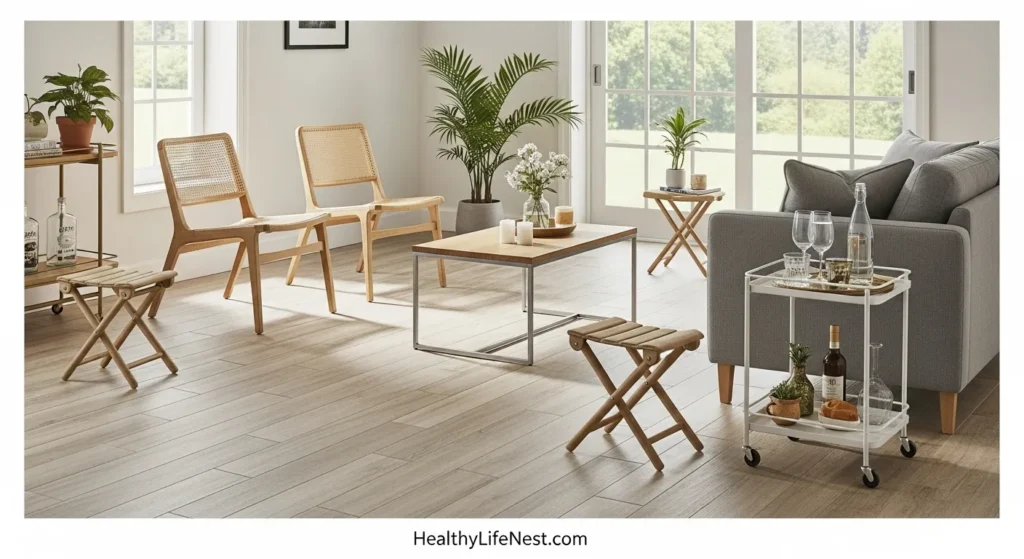 Use Lightweight, Moveable Furniture

Summer decor should feel light, flexible, and breathable.

Choose open-leg chairs or slim coffee tables

Use foldable outdoor stools as extra indoor seating

Try stackable side tables for multi-use function

These pieces don’t just make your space feel airy—they’re also practical for entertaining.