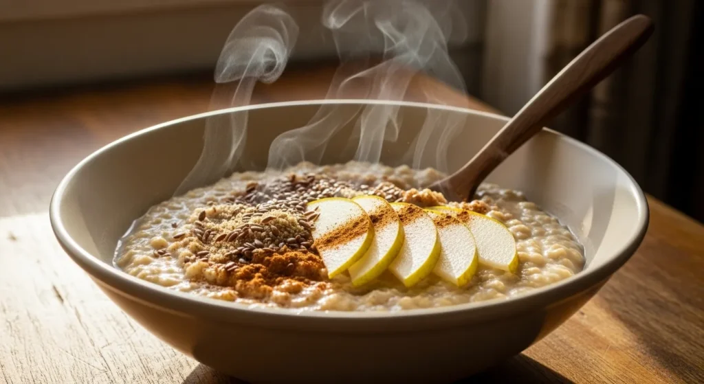 High Fiber Breakfast Ideas to Start Your Day Right 3 Warm oats topped with ground flaxseeds, a sprinkle of cinnamon, and sliced pear create a cozy, fiber-rich bowl.