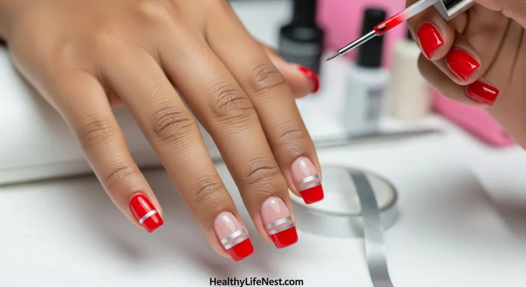 Red Tips with Silver Stripes
A twist on the classic French manicure—bold red tips with a sleek silver stripe near the edge. Clean, modern, and super easy to wear.