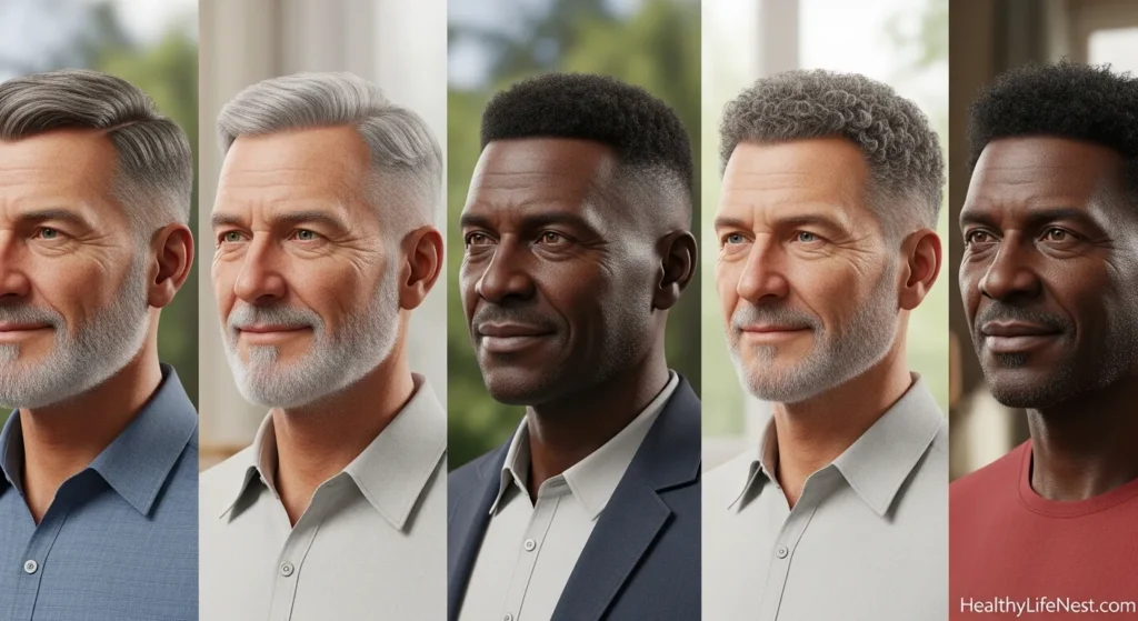 For Older Men (50+)

Refined and Classic

Side-parted taper with grey blending

Soft buzz cut for ease and polish

Crew cut with slight height on top

Short natural curls with edge cleanup

Brushed-back look with subtle pomade