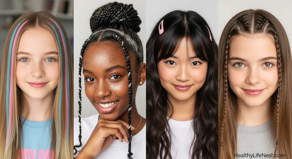 Trending Right Now

Temporary color streaks in pink, blue, or lilac

Hair glitter for parties or events

Wavy curtain bangs with a claw clip

Mini braids along the hairline