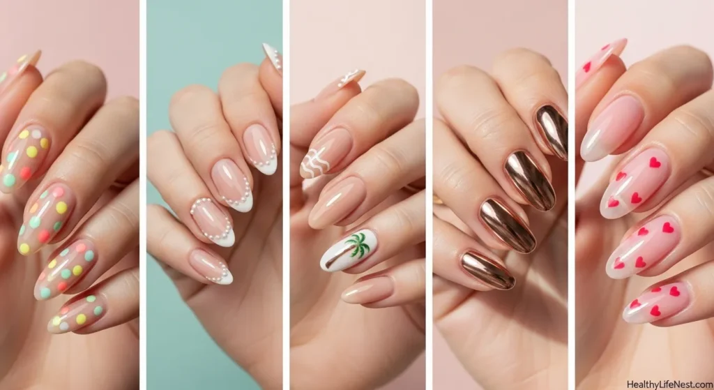 Elegant Yet Fun Design Ideas
Nude base + pastel neon dots
Pearl-embedded almond tips
Mini palm tree or wave art on a single accent nail
Chrome-dipped rose gold ends
Translucent jelly pink with mini heart decals