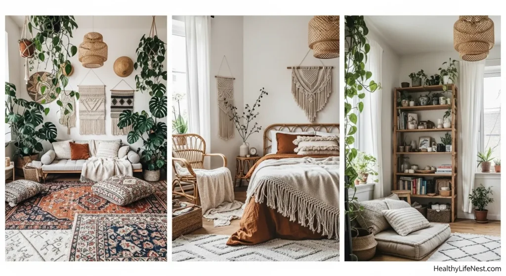 
Modern Boho
Modern bohemian style blends relaxed layering with natural tones, woven textures, and plenty of indoor plants. It’s effortless, earthy, and full of personality.