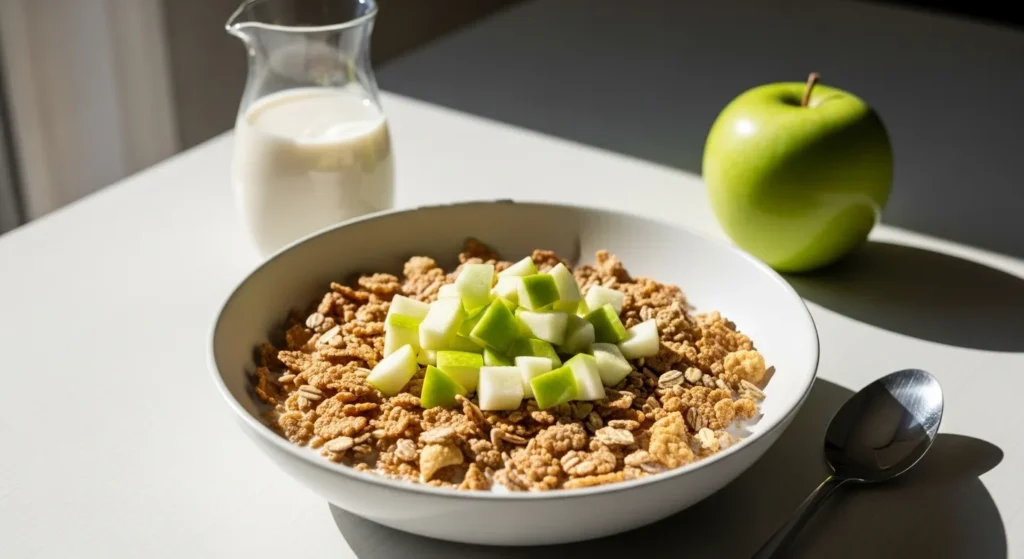 High Fiber Breakfast Ideas to Start Your Day Right 7 A bowl of high-fiber cereal served with oat milk and chopped apple offers a fast yet nourishing morning option.
