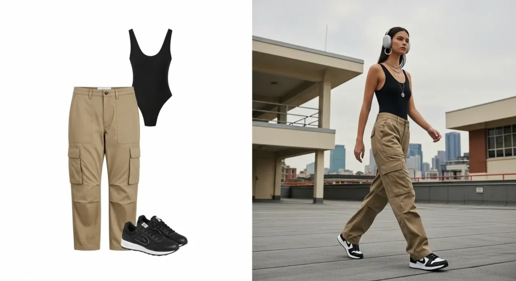 Utility-style cargo pants combined with a sleek bodysuit create a chic yet functional school outfit. Finish with sporty trainers or chunky boots for a balanced silhouette.