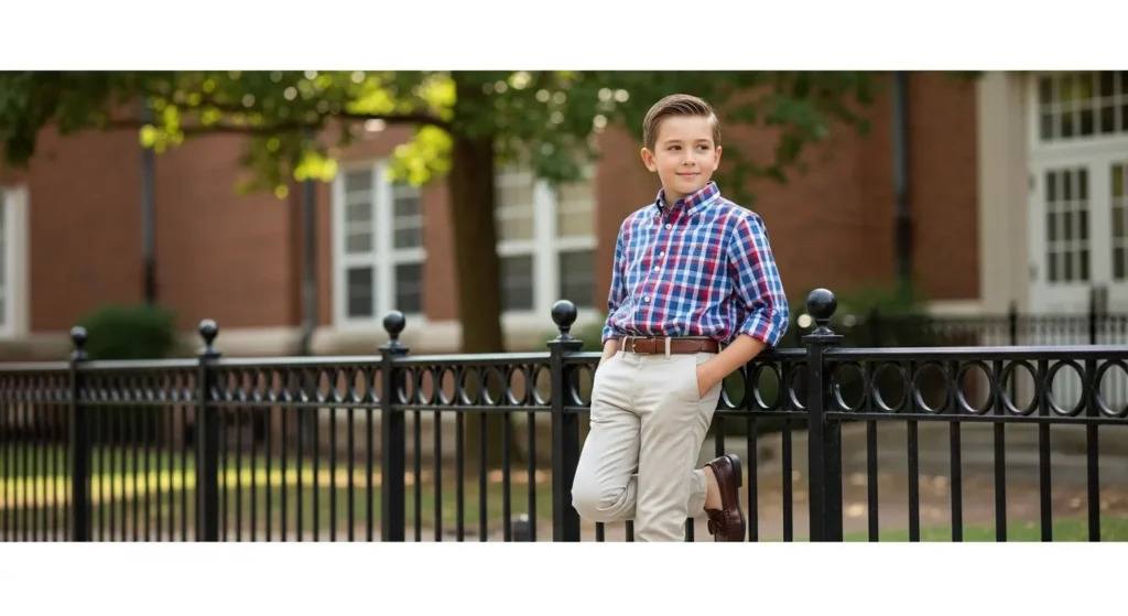 For a slightly polished appearance, opt for a button-up shirt tucked into chinos. This smart-casual outfit is ideal for picture day or a school event.
Add loafers or clean sneakers to maintain comfort without compromising style. Rolled-up sleeves give it a relaxed touch.
