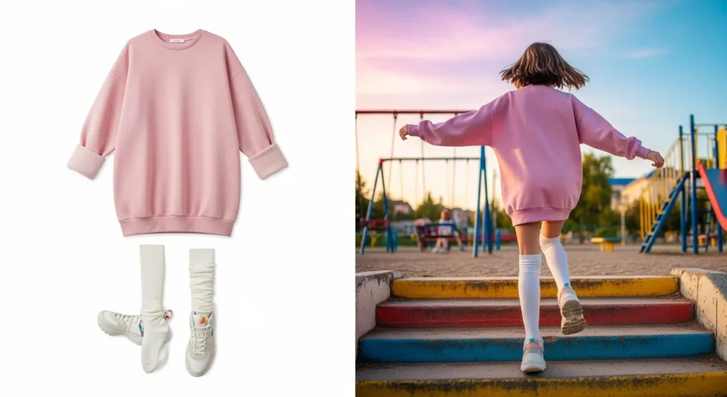 A relaxed sweatshirt dress worn with knee-high socks and chunky sneakers creates a cute and cozy style ideal for fall school days.