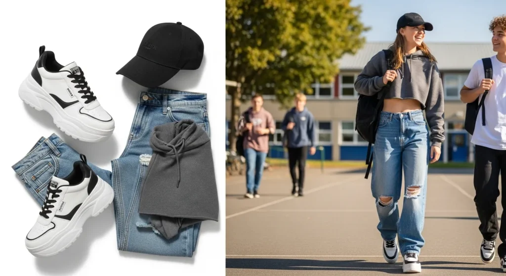 Chunky or platform sneakers matched with baggy jeans create a laid-back, cool-girl vibe. Add a cropped hoodie or graphic tee for a relaxed and youthful outfit.