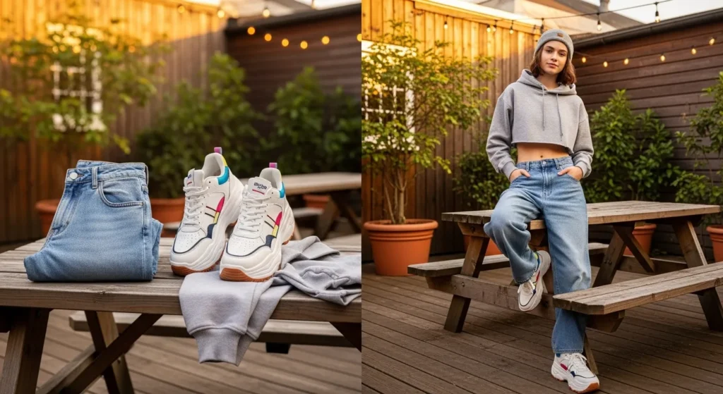 Channel early 2000s vibes with low-rise flare jeans, a fitted baby tee, and colorful hair clips. Add chunky bracelets and sneakers to complete the throwback look with a modern twist.