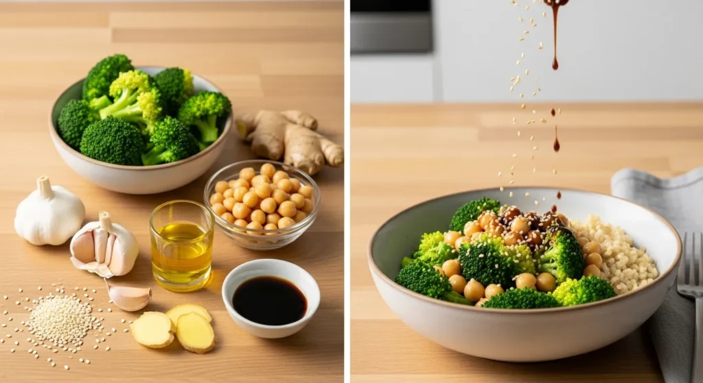 How to make it:
Sauté broccoli and chickpeas in sesame oil with garlic and ginger. Add tamari. Serve over brown rice or quinoa.