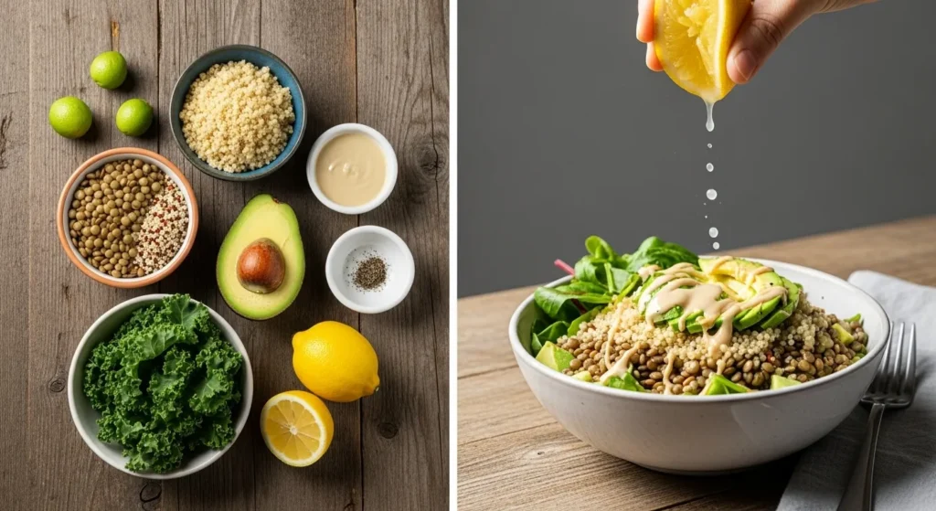 How to make it:
Layer lentils, quinoa, and greens. Top with avocado and drizzle with tahini and lemon.