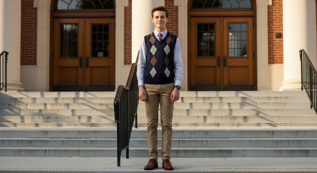 Channel classic high-school vibes with a varsity jacket worn over a plain tee and paired with joggers. This outfit screams sporty cool while offering maximum comfort.
Complete the look with running shoes or trendy slip-ons, perfect for boys active in sports or extracurricular activities.