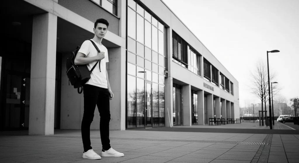 Double denim is back in fashion. A denim jacket paired with jeans of a slightly different shade creates a balanced, bold look.
Add a white tee and casual sneakers to break up the denim and keep it school-appropriate.