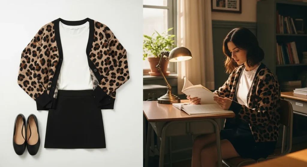 Leopard print or polka-dot cardigans layered over basic tops and skirts make simple outfits feel bold and fresh. It’s an easy way to add personality to school style.
