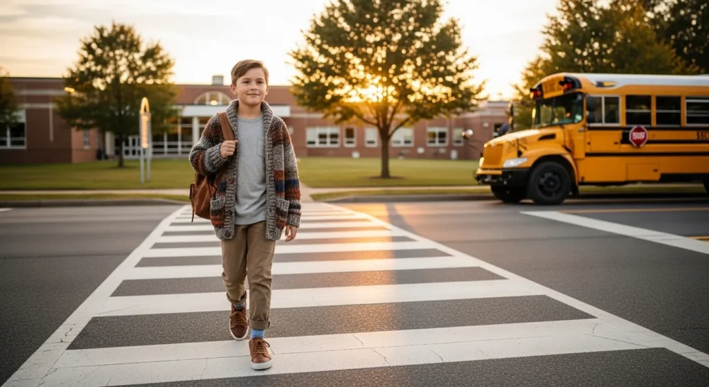 For a slightly dressier vibe, a knitted sweater tucked into tailored trousers adds sophistication.
Brown loafers or desert boots complete the outfit, making it ideal for presentations or special first-day assemblies.