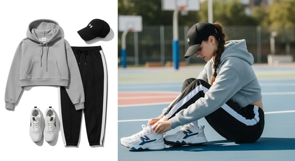 Cropped hoodies paired with joggers make for a sporty, active outfit perfect for busy school schedules. Complete the look with chunky sneakers or slip-on shoes.