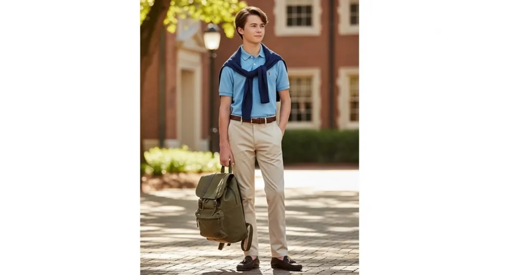 For special occasions or first-day confidence, a fitted blazer over a plain tee with chinos looks effortlessly smart.
Add loafers or derby shoes to complete a polished school-ready outfit.